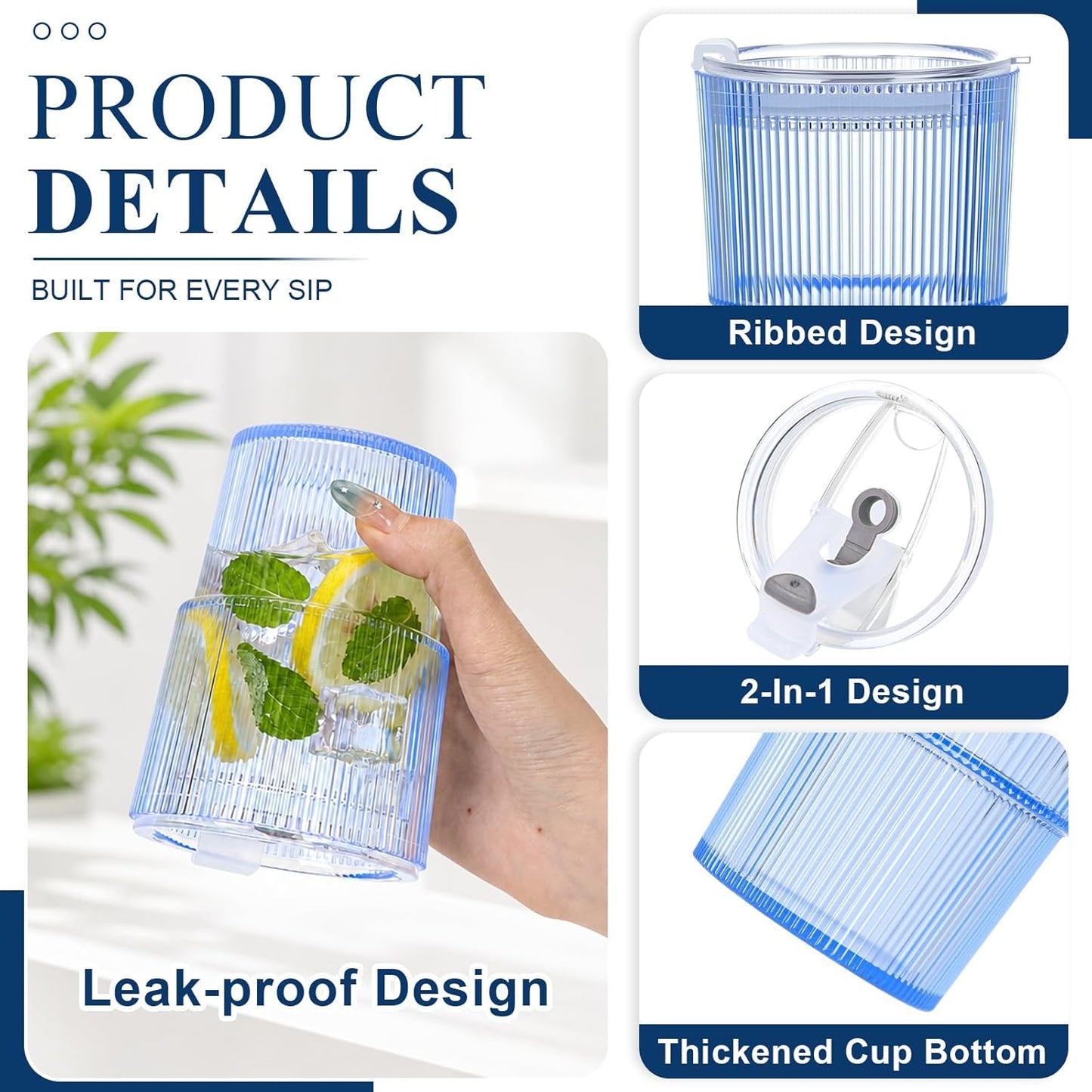 4 Pcs 20oz Plastic Ribbed Tumblers with Lid and Straws Blue Plastic Reusable Iced Coffee Cups with Lid Unbreakable Vintage Ribbed Drinking Glasses Tumbler for Juice Smoothie Beverage with Clean Brush