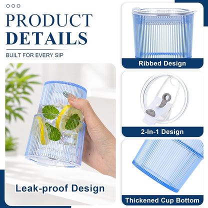 4 Pcs 20oz Plastic Ribbed Tumblers with Lid and Straws Blue Plastic Reusable Iced Coffee Cups with Lid Unbreakable Vintage Ribbed Drinking Glasses Tumbler for Juice Smoothie Beverage with Clean Brush