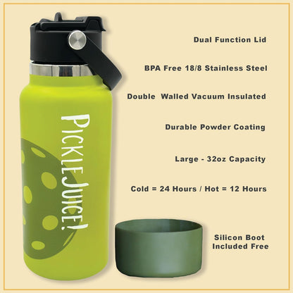 Maui Pickleball Co.™ Pickleball Water Bottle 32oz Insulated Stainless Steel Water Bottle PickleBall Accessories Pickleball Gifts Sip/Swig Lid with Carry Handle
