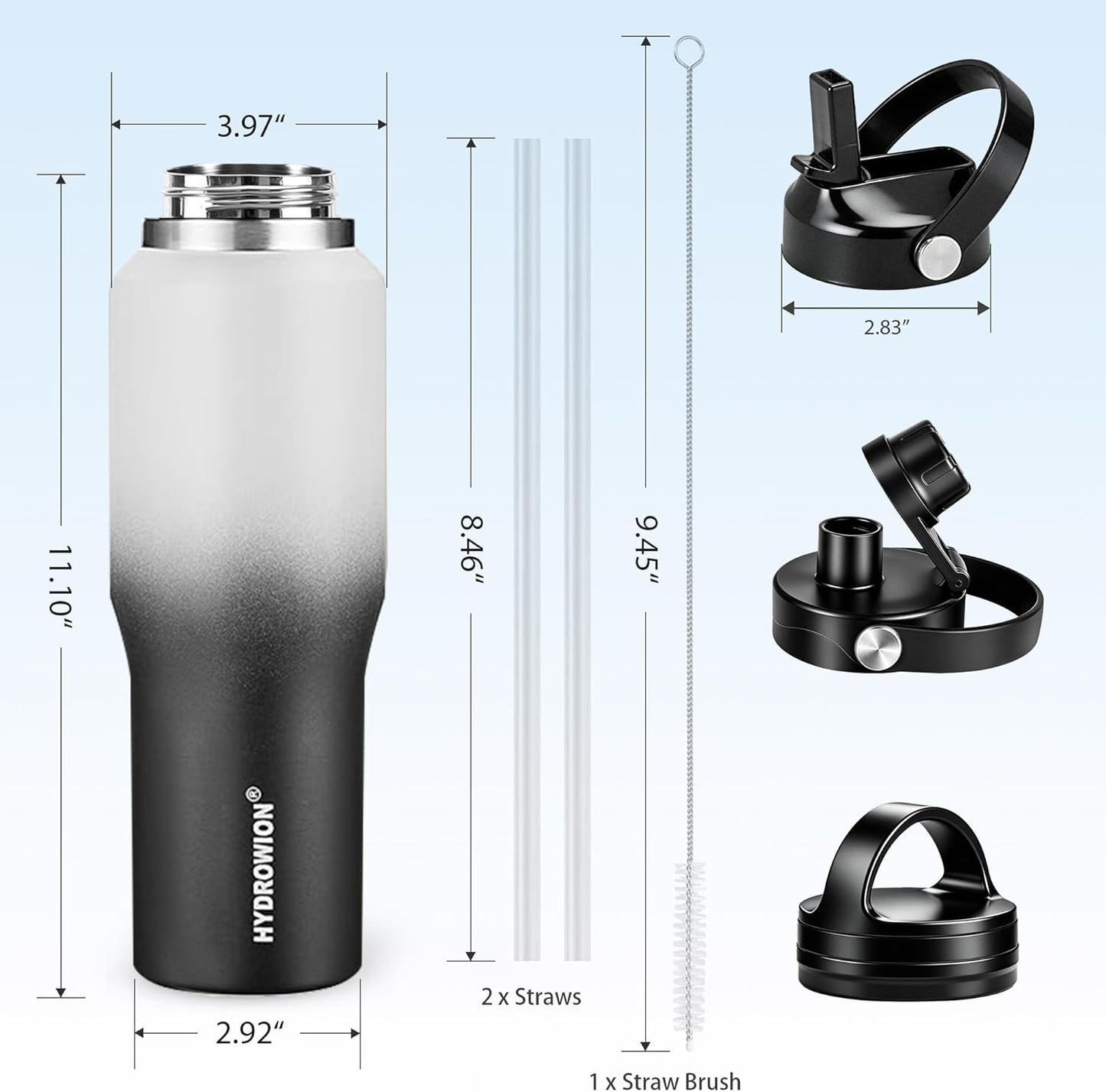 HYDROWION 32oz Stainless Steel Water Bottle(Cold for 48 Hrs, Hot for 24 Hrs),Double Wall Vacuum Insulated Water Bottle with Straw Lid, Spout Lid and Flex Cap, Fit in Any Car Cup Holder,Black