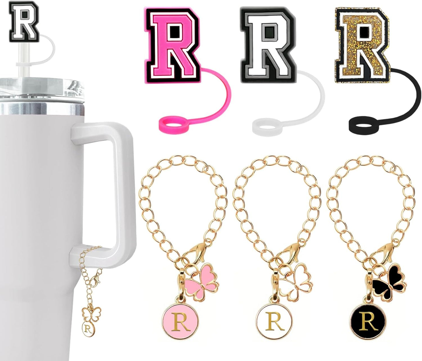 （3 +3) 3PCS Nuozme Straw Cover 10mm For Stanley Tumbler Cup Reusable Straw Cap Topper with 3 Initial Letter Charms Accessories Name ID Personalized Handle Charm For Stanley 30&40 Oz Cup Tumbler - Colors A