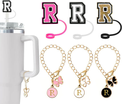（3 +3) 3PCS Nuozme Straw Cover 10mm For Stanley Tumbler Cup Reusable Straw Cap Topper with 3 Initial Letter Charms Accessories Name ID Personalized Handle Charm For Stanley 30&40 Oz Cup Tumbler - Colors A