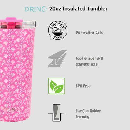 Drinco - 20 oz Stainless Steel Tumbler | Double Walled Vacuum Insulated Mug With Lid, 2 Straws, For Hot & Cold Drinks (20oz Dragonfly)
