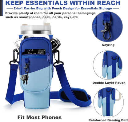 BULKITEM Water Bottle Carrier Bag with Phone Pocket for Stanley 40 & 30 oz Tumbler with Handle,Pink Insulated Neoprene Cup Holder Pouch w/Adjustable Strap for Quencher H2.0 Stanley Cup Accessories