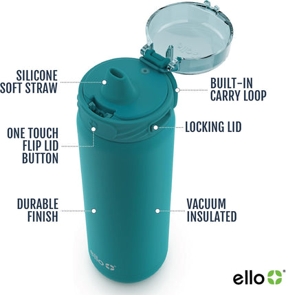 Ello Cooper 22oz Stainless Steel Water Bottle with Straw and Carry Handle, Double Walled and Vacuum Insulated Metal, Leak Proof Locking Lid with Soft Silicone Spout, Reusable, BPA Free, Lilac