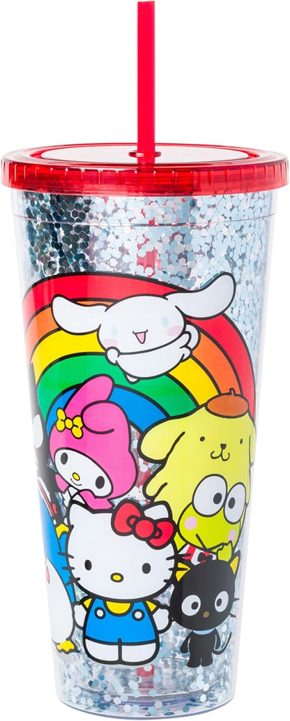 Silver Buffalo Sanrio Hello Kitty Milk Carton Pattern Plastic Boba Tumbler w Lid and Wide Straw, 24 Ounces
