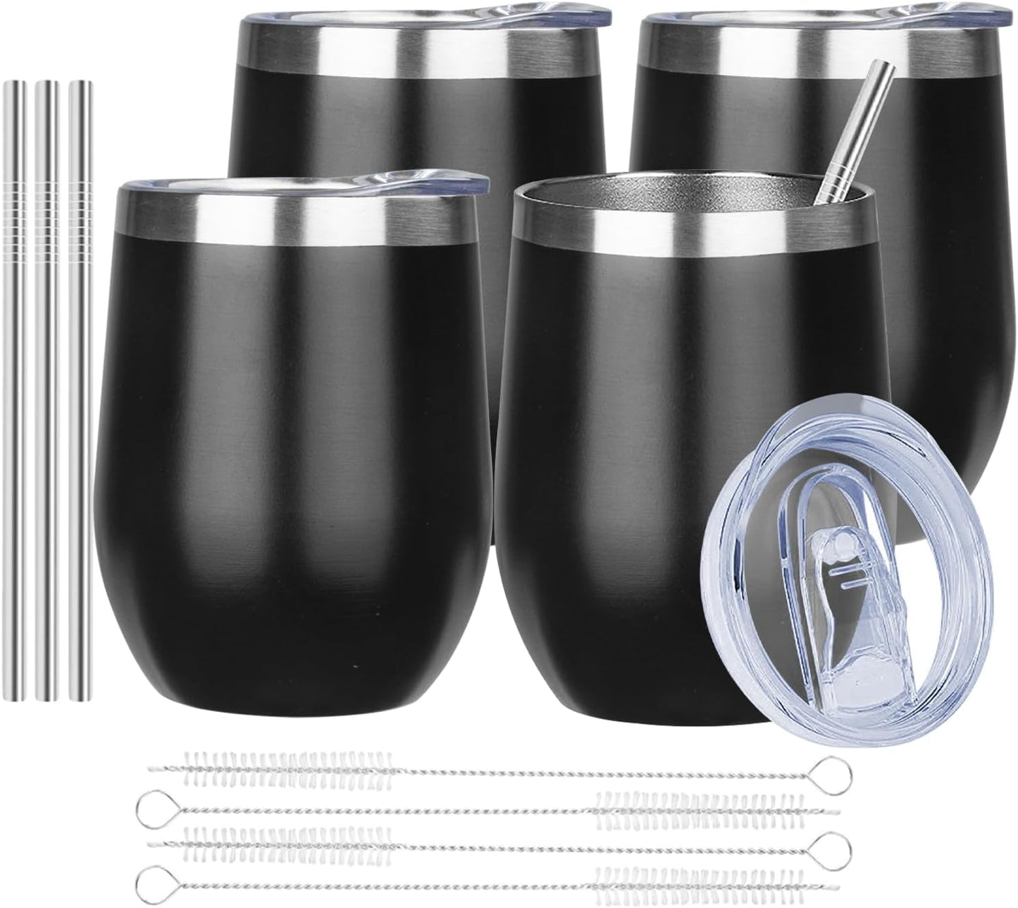 MEZMUT 12 Oz Insulated Wine Tumbler with Lid Double Wall Vacuum Stainless Steel Wine Glass Coffee Mug Insulated Tumbler Cup for Champaign, Cocktail, Beer (Black, 1 Pack)