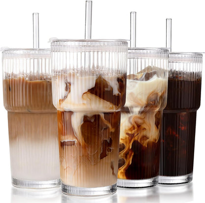 Iced Coffee Cups with Lids: Coffee Bar Accessories - Ribbed Glass Tumbler with Straw and Lid 4Pcs - 20oz Leak Proof Tumbler - Reusable Glass Cups and Tumblers with Lid and Straws for To Go Iced Coffee