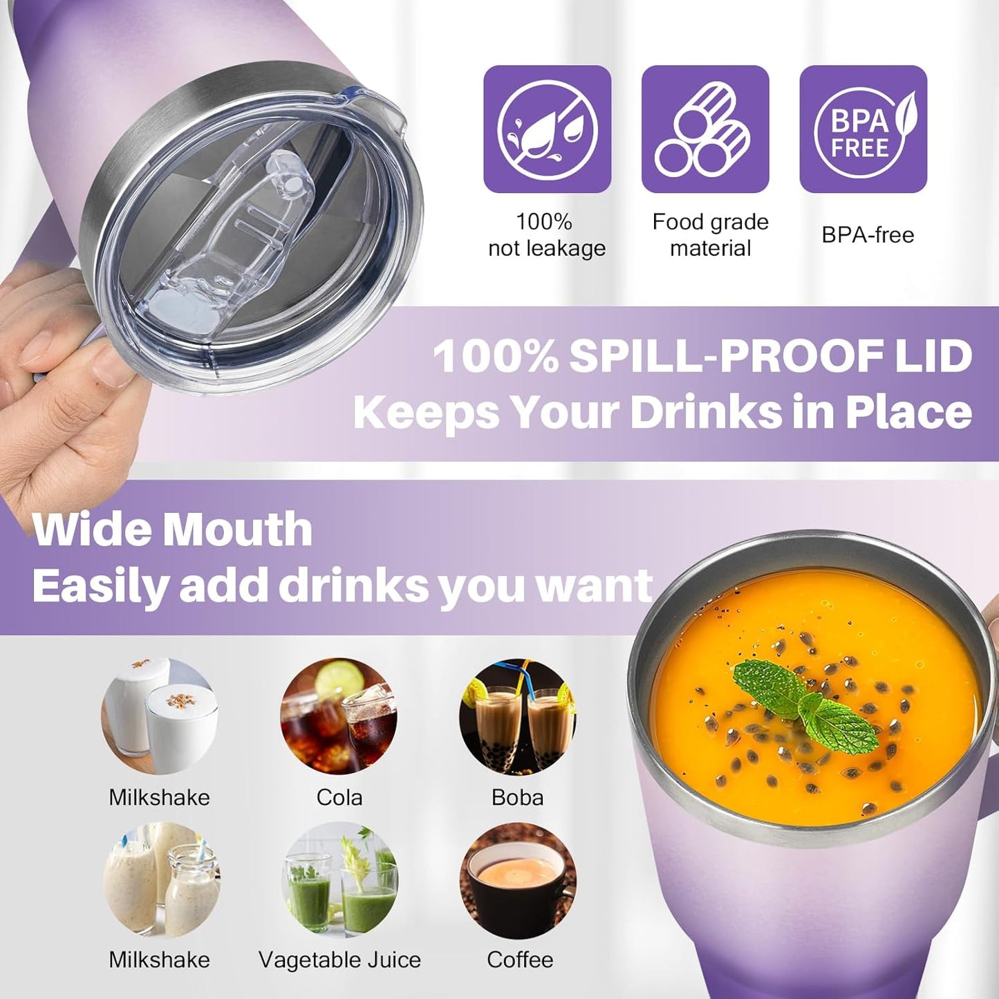 40 oz Tumbler with Handle, Insulated Tumbler with Lid and Straw, Reusable Stainless Steel Vacuum Insulated Cup, 100% Leak Proof Thermal Travel Coffee Mug Cup for Cold and Hot (Light Purple)