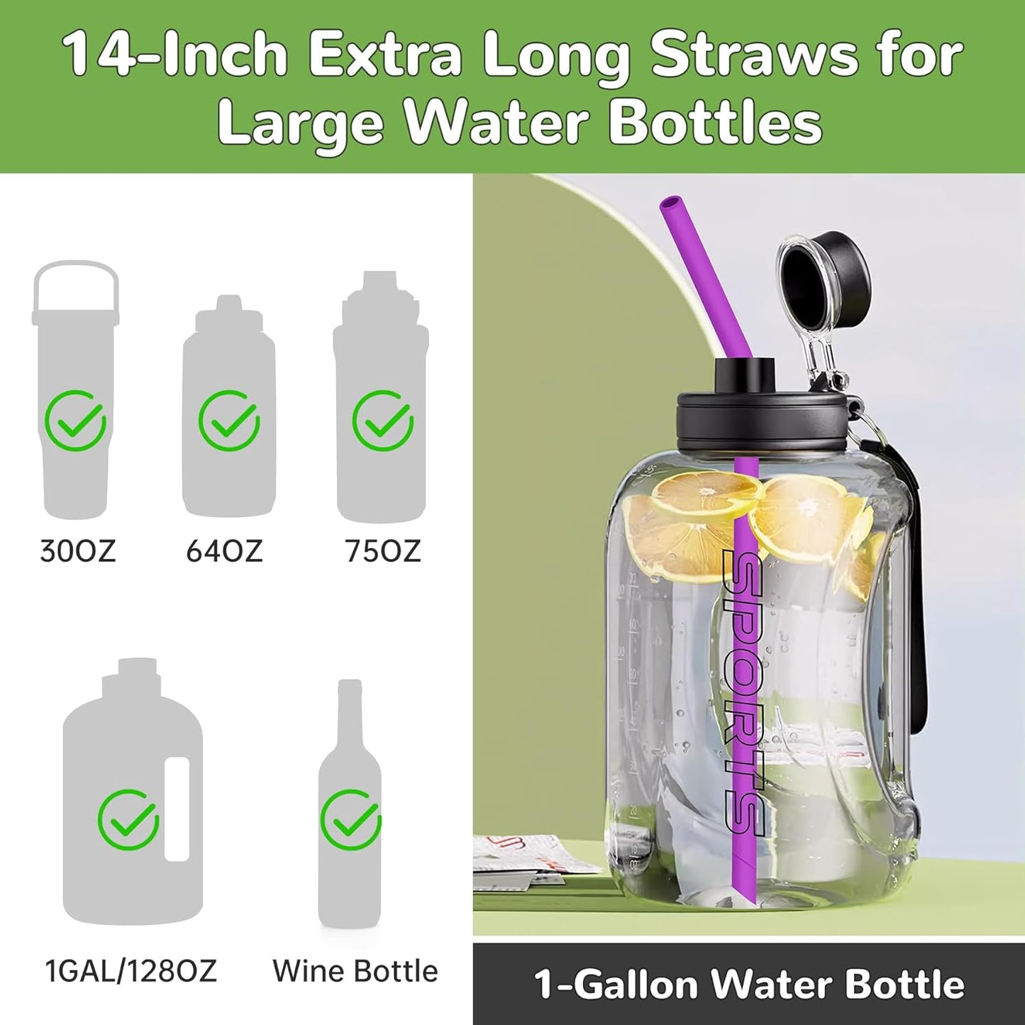 NiHome 14PCS Silicone Straws Fit for Stanley 40oz 30oz Tumbler, 14” Extra Long Reusable Drinking Straw, Flexible Can Cut Length for 1/Half Gallon 75 64 OZ Large Water Bottle - 2 Brushes (Rainbow)