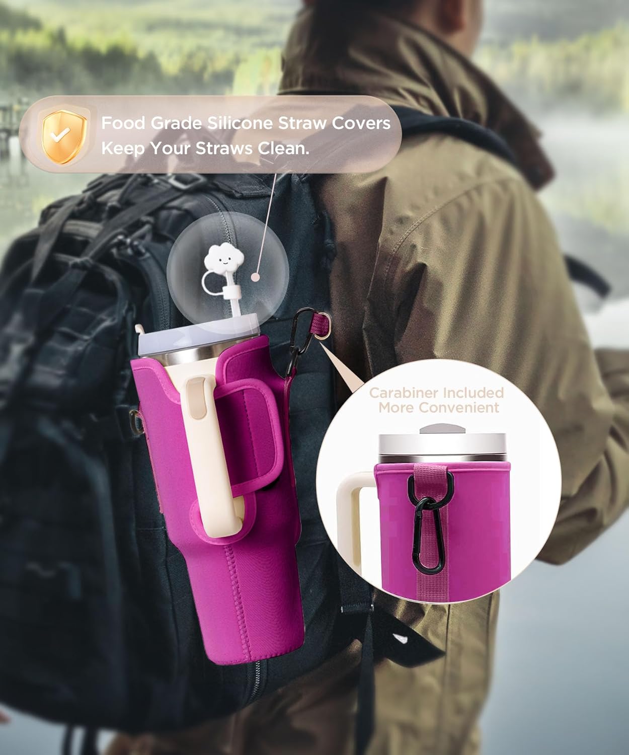 dabria Water Bottle Carrier Bag with Phone Pocket for Stanley 40/30 oz Tumbler Neoprene Water Bottle Holder Pouch with Adjustable Strap Bollus with Straw Cover for Stanley Cup Accessories