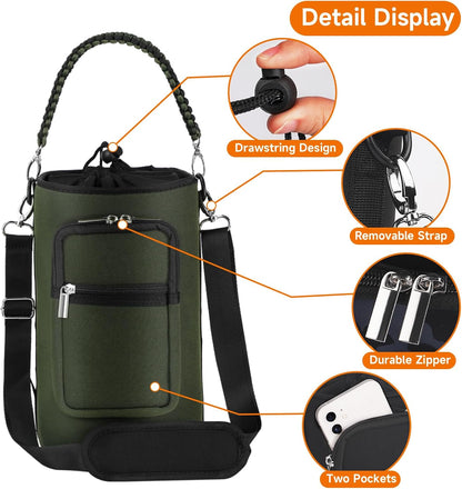 AceTreker 32/40/64/128 oz Neoprene Insulated Water Bottle Carrier Bag, Sling Bag Sleeve Pouch Holder with Strap & Paracord Handle and 2 Pocket for Travelling, Hiking, Camping