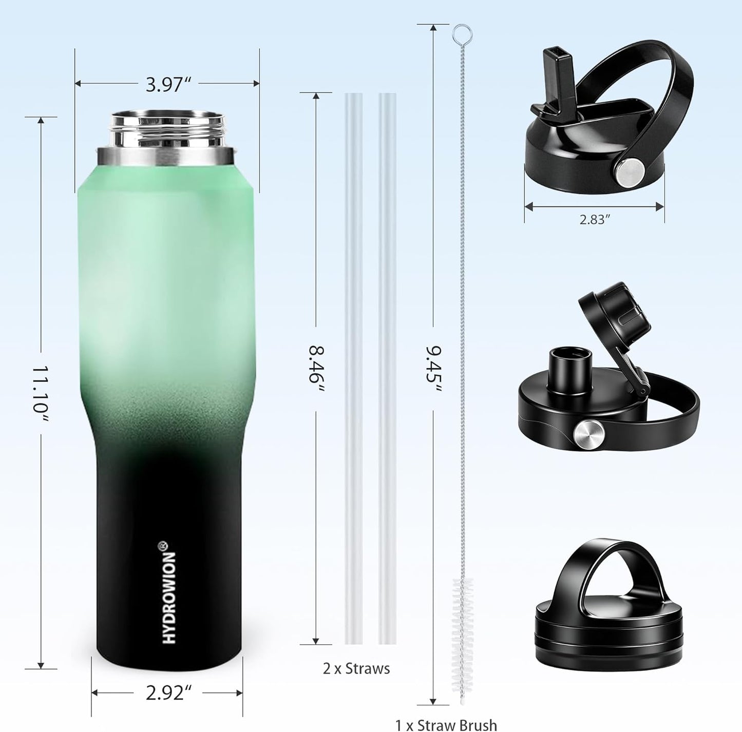 HYDROWION 32oz Stainless Steel Water Bottle(Cold for 48 Hrs, Hot for 24 Hrs),Double Wall Vacuum Insulated Water Bottle with Straw Lid, Spout Lid and Flex Cap, Fit in Any Car Cup Holder,Black