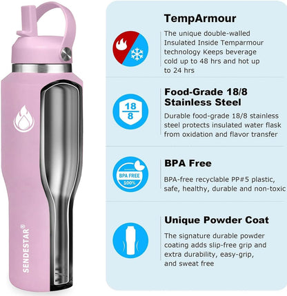 SENDESTAR 40oz Water Bottle Wide Mouth Stainless Steel Vacuum Insulated Double Wall with Straw Lids Fit in Any Car Cup Holder