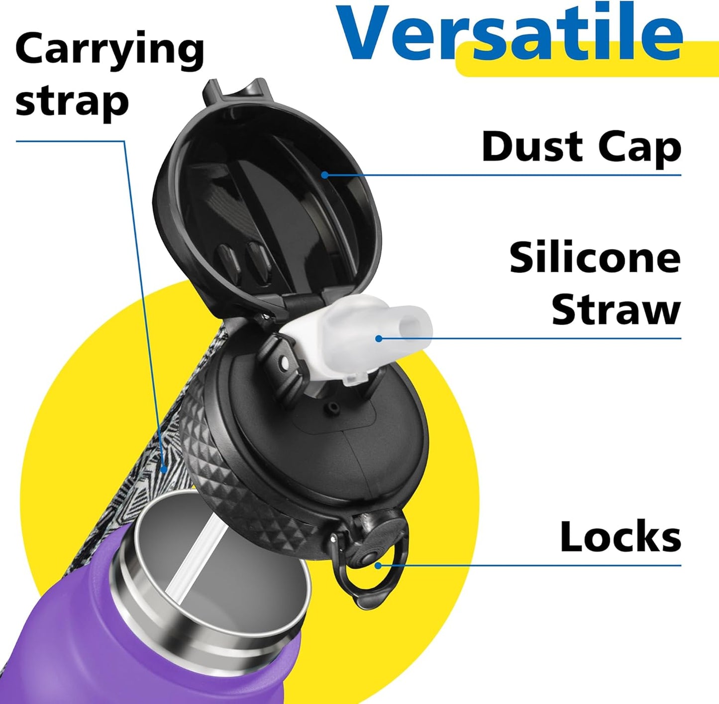 Han's Bottle Sports Water Bottle - 24 Oz, Straw Lid, Leak Proof, Vacuum Insulated Stainless Steel, Double Walled, Thermo Mug,Black