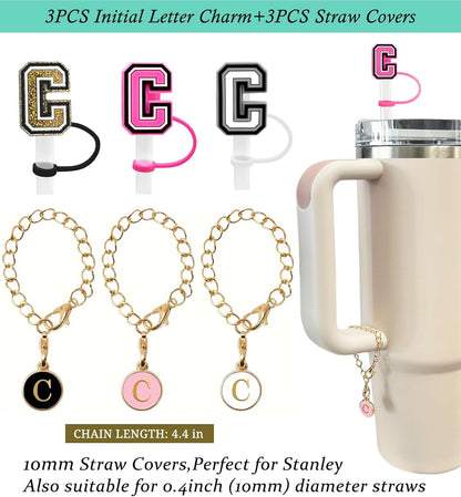 （3 +3) 3PCS Nuozme Straw Cover 10mm For Stanley Tumbler Cup Reusable Straw Cap Topper with 3 Initial Letter Charms Accessories Name ID Personalized Handle Charm For Stanley 30&40 Oz Cup Tumbler - Colors A