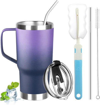20 oz Tumbler with Handle, Stainless Steel Insulated Tumbler with Lid and Straw, Double Wall Vacuum Coffee Mug Tumbler, Insulated Coffee Thermal Cup for Cold and Hot (Light Purple)