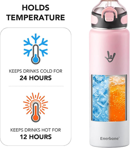 Enerbone 24 oz Insulated Water Bottle, Stainless Steel Bottle with Carrying Strap, Double-Wall Vacuum Insulation Design, Leakproof Sports Bottle with Straw, Keep Drinks Cold or Hot for Hours