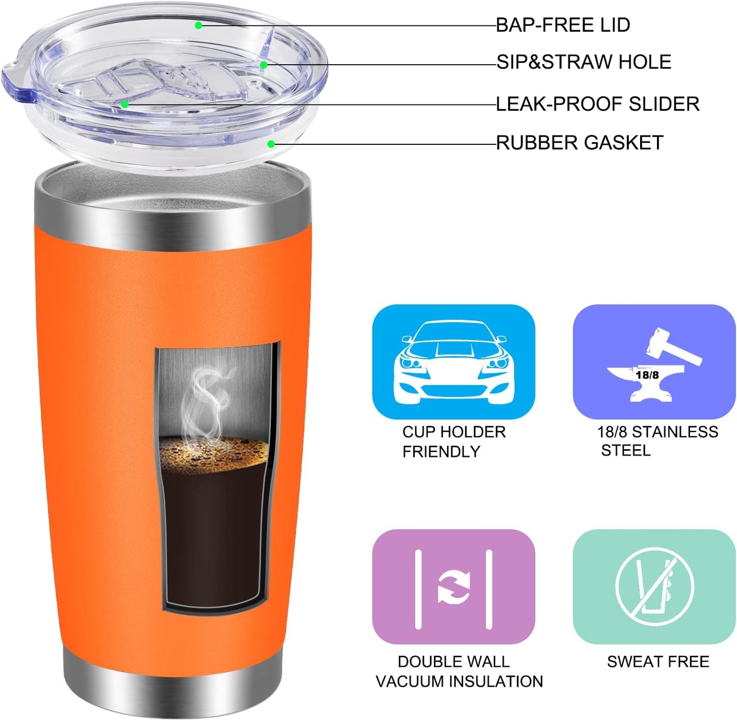 VEGOND 20oz Tumbler with Lid and Straw Stainless Steel Tumbler Cup Bulk Vacuum Insulated Double Wall Travel Coffee Mug Powder Coated Coffee Cup, Black, 12 Pack