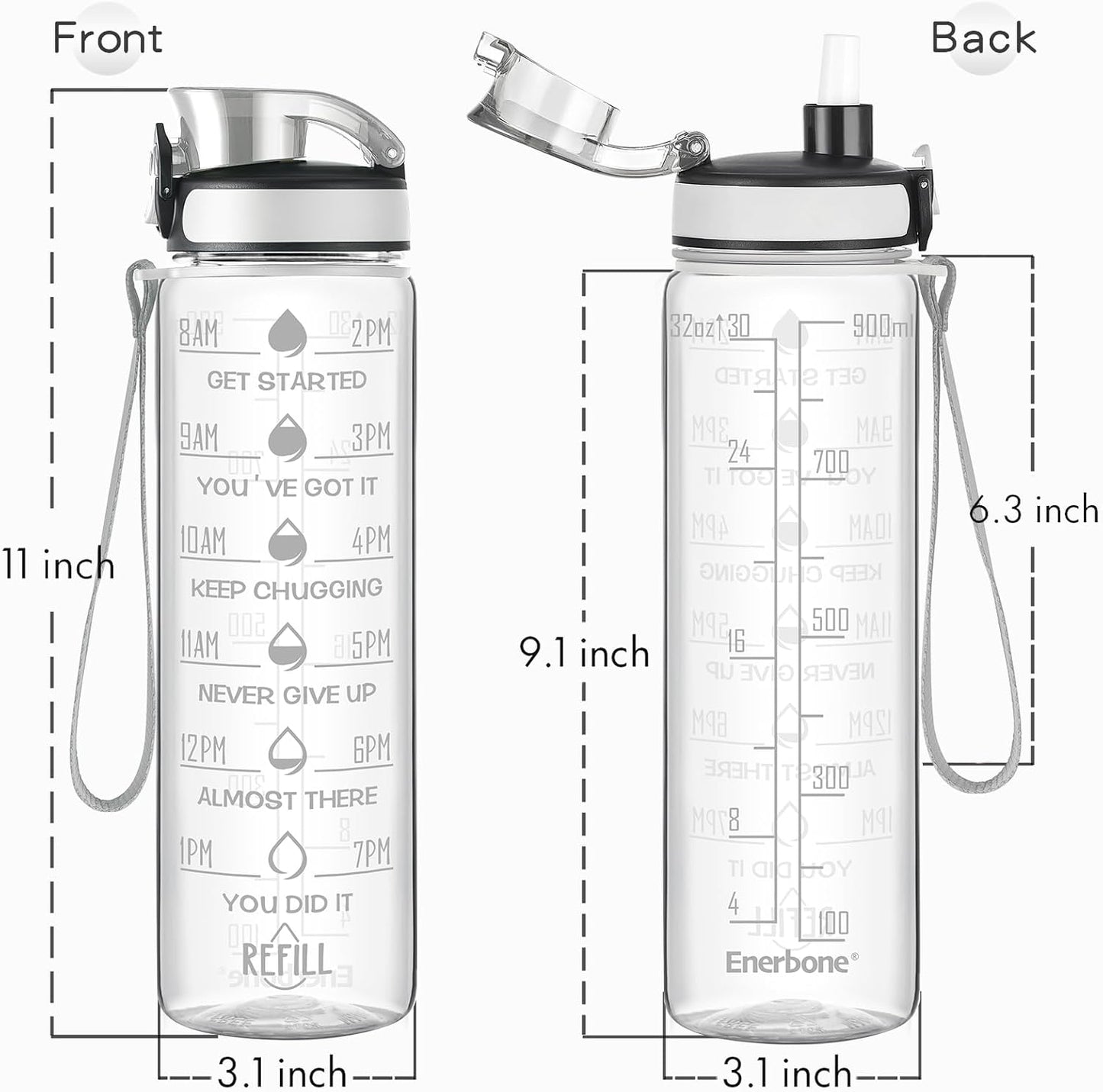 Enerbone Water Bottle, Leakproof BPA & Toxic Free, Motivational Water Bottle with Times to Drink and Straw, Fitness Sports Water Bottle with Strap for Office, Gym, Outdoor Sports