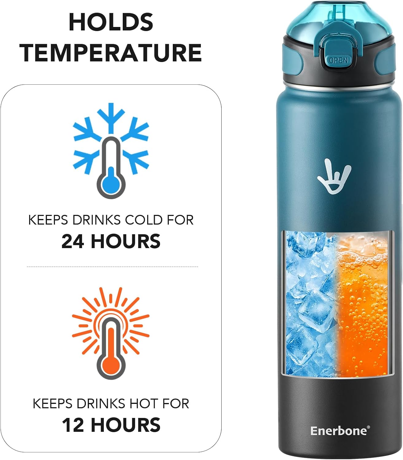 Enerbone 24 oz Insulated Water Bottle, Stainless Steel Bottle with Carrying Strap, Double-Wall Vacuum Insulation Design, Leakproof Sports Bottle with Straw, Keep Drinks Cold or Hot for Hours