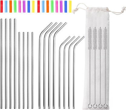Lazycorner 16 Pcs Metal Straw Reusable 8.5" 10.5" 6mm Stainless Steel Straws for Tumblers 20oz-32oz, Rainbow Drinking Straws with Silicone Tips, 4 Straw Cleaner Brush, 1 Travel Case