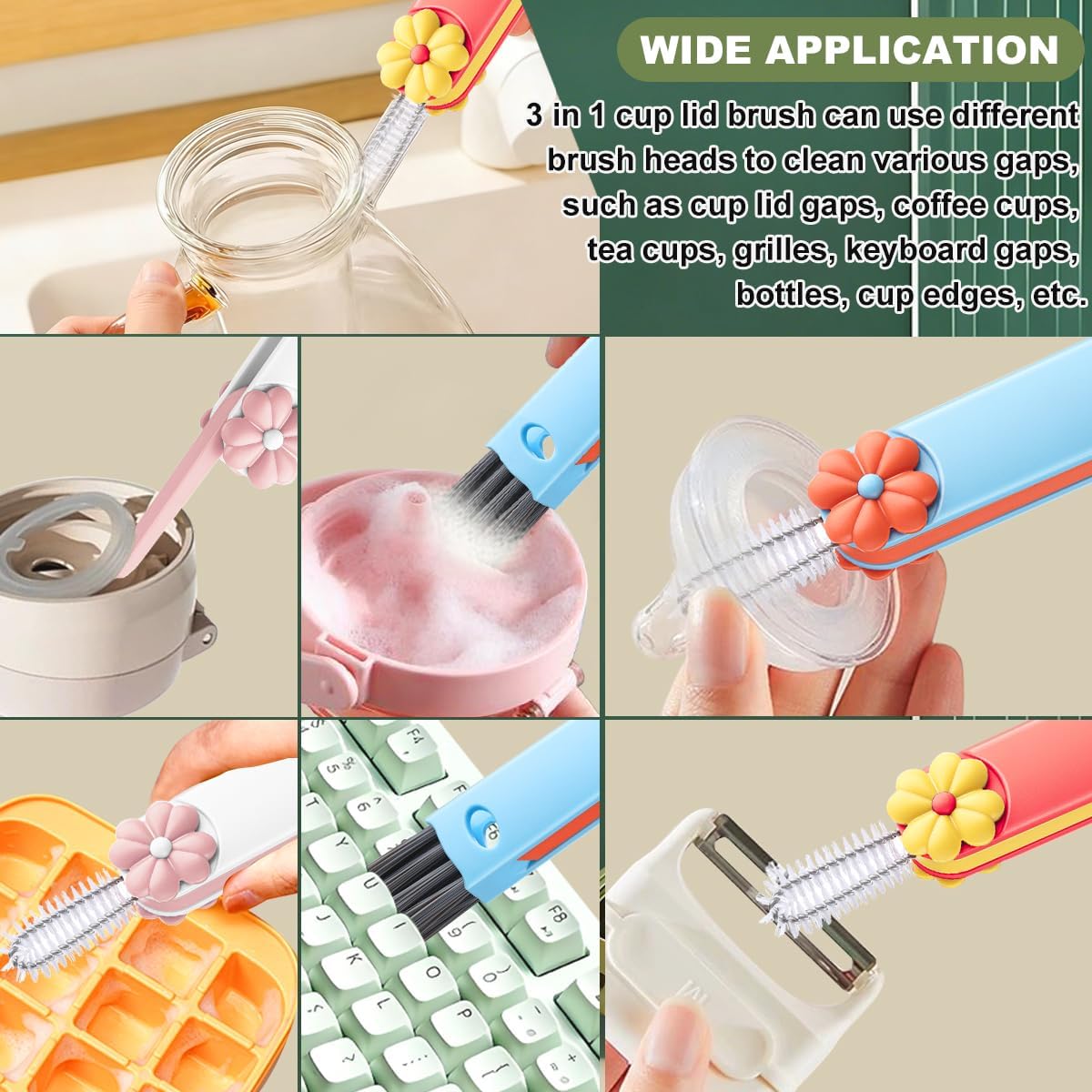 3 in 1 Cup Lid Cleaning Brush, Portable Cup Cleaner Brush, New Water Bottle Lid Cleaner Brush, Multifunctional Cleaning Brush - Home Kitchen Cleaning Tools for Tight Spaces & Bottle Gaps, 3 PCS