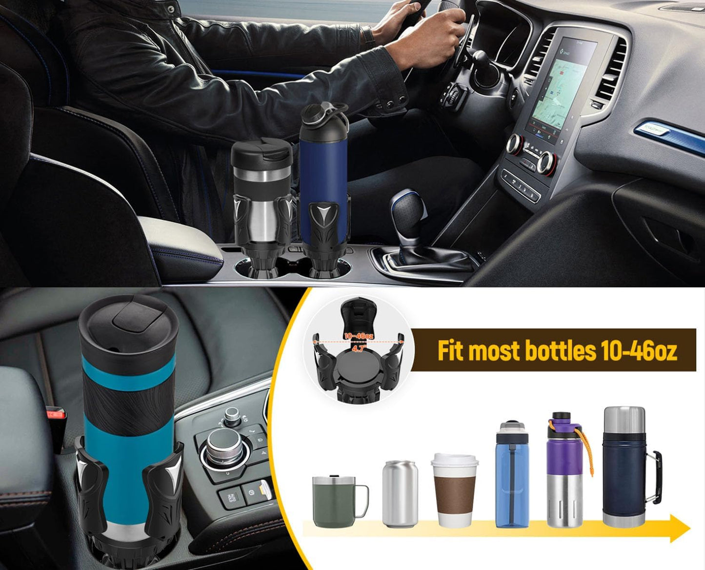 Adjustable Car Cup Holder Expander, Cup Holder for Car with Rubber Pad for 10-64ozYeti Hydro Flask Stanley Owala Coffee Cup Water Bottles, Universal Cupholder Adapter with Adjustable Base