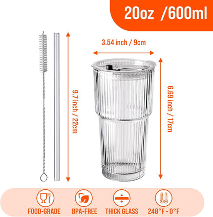 SUROQUE 20oz Ribbed Glass Tumblers with Lids & Straws, Ideal for Iced Coffee, Cocktails & More - Includes Cleaning Brush