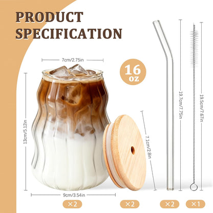 2 Packs Cute Glass Tumbler with Lid and Straw 16 oz Ice Coffee Cup Set for Smoothie Slushie Juice Matcha Tea Latte Cappuccino Espresso Hot Coffe Water Reusable Clear Travel Boba Aesthetic Drinking Mug