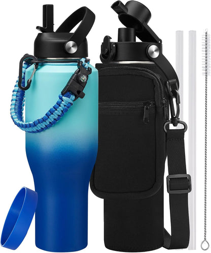 Insulated Water Bottle 40 oz - Fits in any Car Cup Holder, Keep Cold 48H Hot 24H, Stainless Steel Waterbottle Double Wall Flask with Straw, Pop-up Spout Lid, Paracord Handle, Carrier Bag