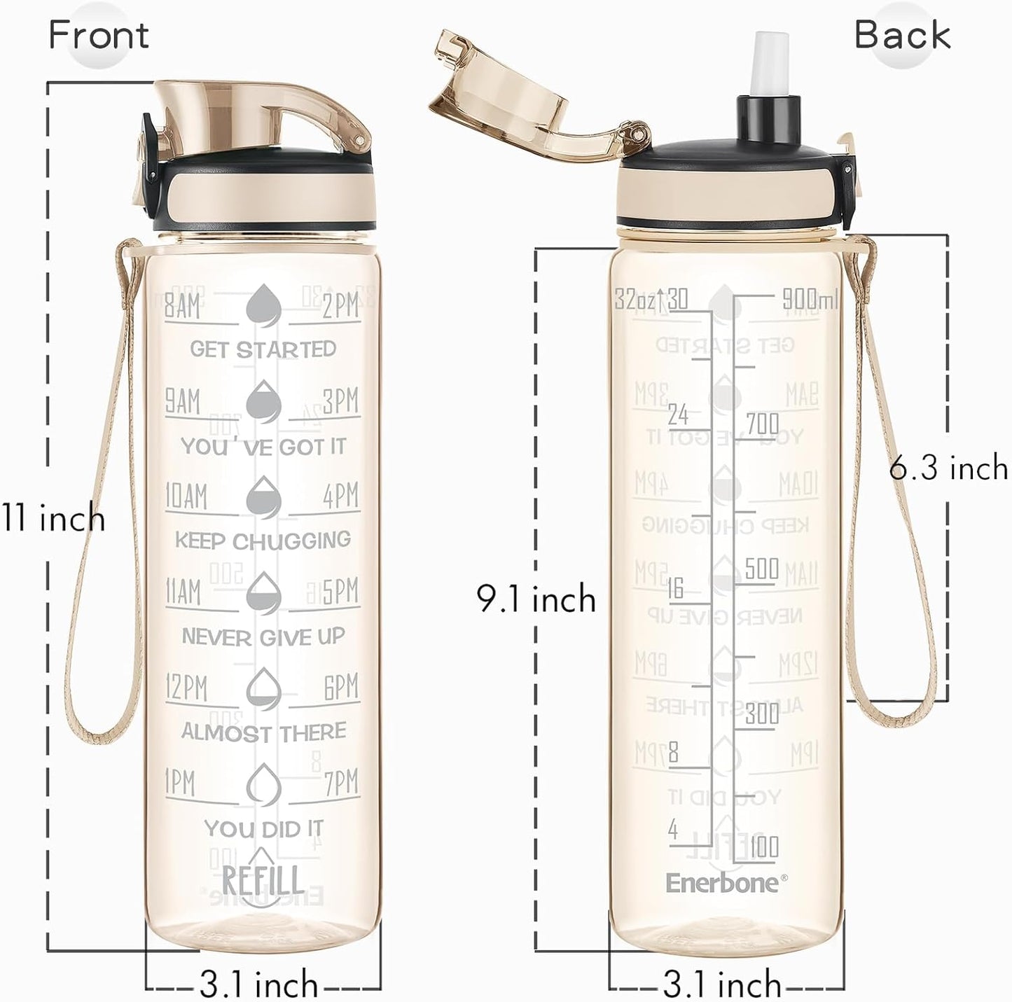 Enerbone Water Bottle, Leakproof BPA & Toxic Free, Motivational Water Bottle with Times to Drink and Straw, Fitness Sports Water Bottle with Strap for Office, Gym, Outdoor Sports