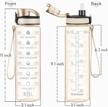 Enerbone Water Bottle, Leakproof BPA & Toxic Free, Motivational Water Bottle with Times to Drink and Straw, Fitness Sports Water Bottle with Strap for Office, Gym, Outdoor Sports