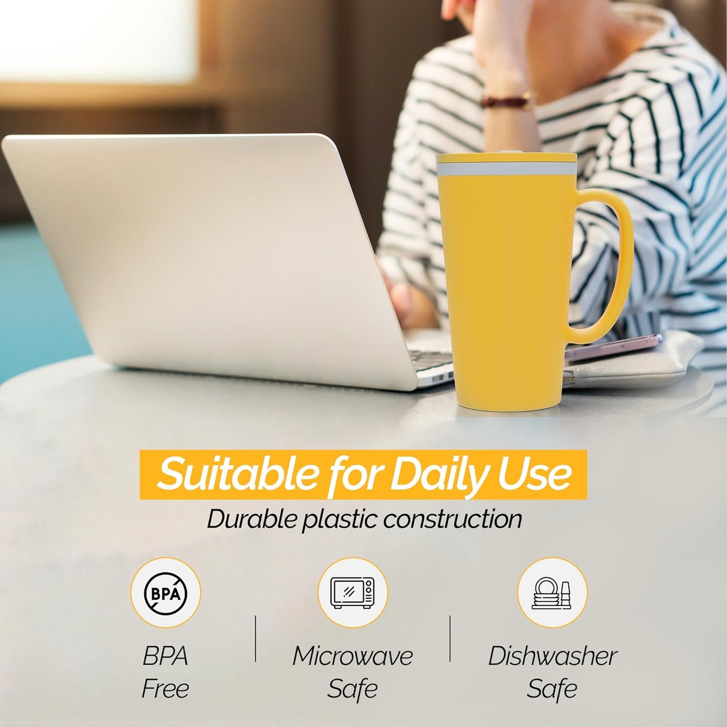 Copco Cone Desk Mug, 16 oz (Set of 2) - Double Wall Insulated Mugs with Handle, Reusable Tumbler Set with Twist-Off Spill Resistant Lid, BPA-Free, Microwave & Dishwasher Safe (Orange/Mustard)