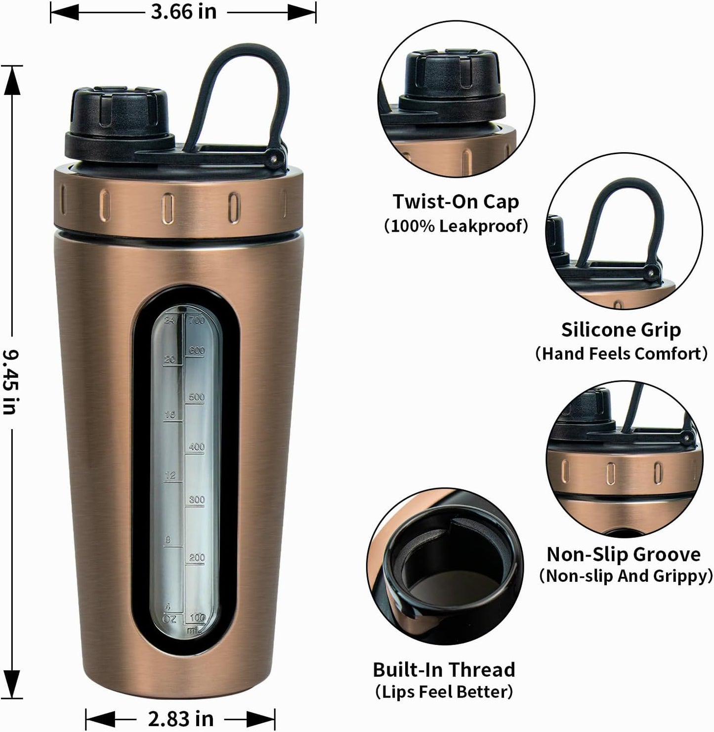 TOOFEEL Shaker Bottles for Protein Mixes 28 oz Stainless Steel Protein Shaker with 2 Mixing Ball, Not Stays Cold/Hot, Visible Window Metal Shaker Cups, Leakproof, BPA Free Bottle Shaker