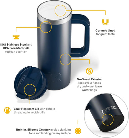 RTIC 20oz Road Trip Travel Mug with Lid and Handle, Ceramic Lined, Insulated, Stainless Steel, Metal, Double Wall Vacuum-Insulation, Portable Coffee, Tea Cup for Hot and Cold Drink, Black