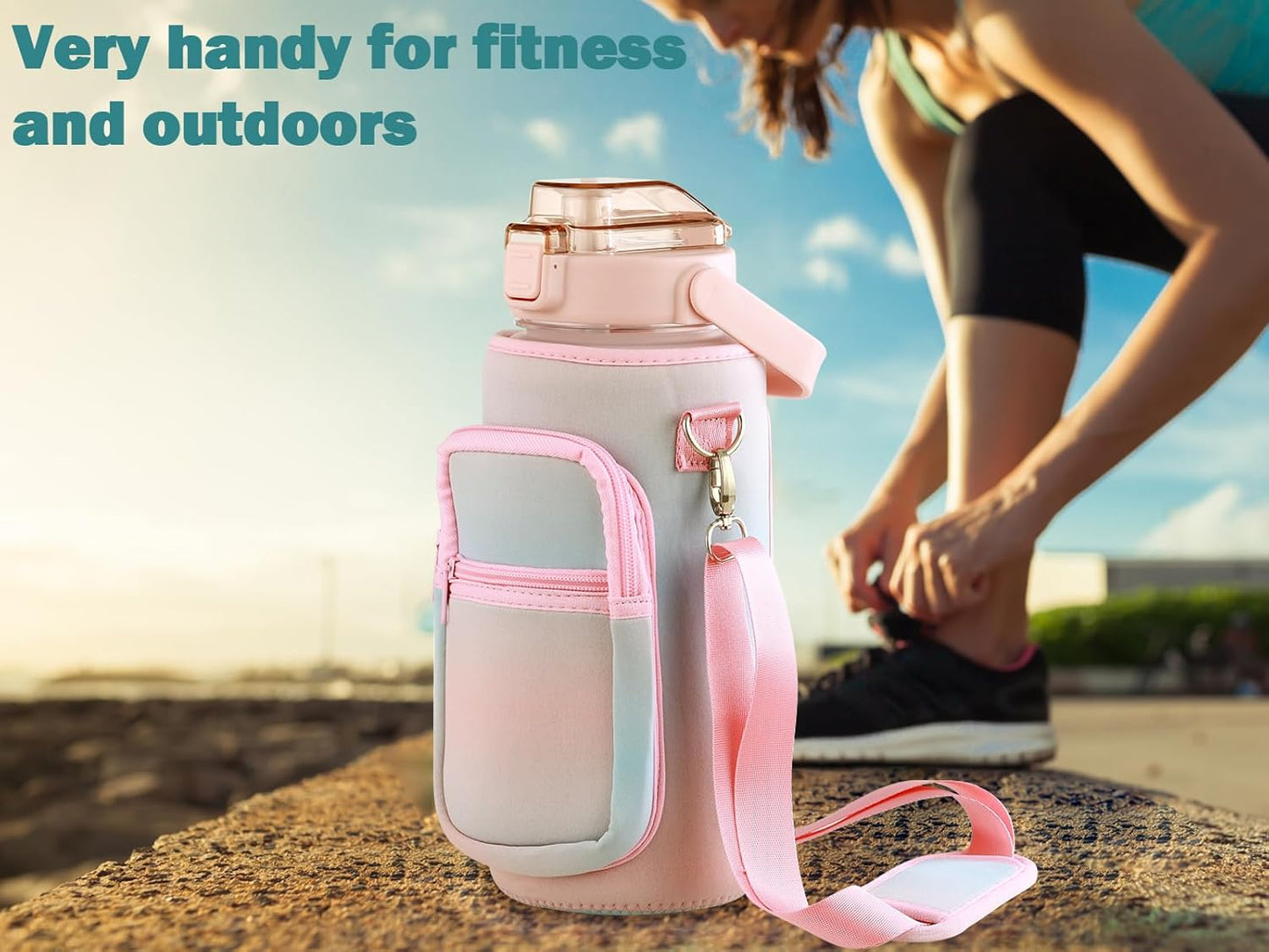 Large Motivational Water Bottle with Straw Time Marker BPA Free for Sport and Fitness (Pink Blue, 64 Oz / Half Gallon)
