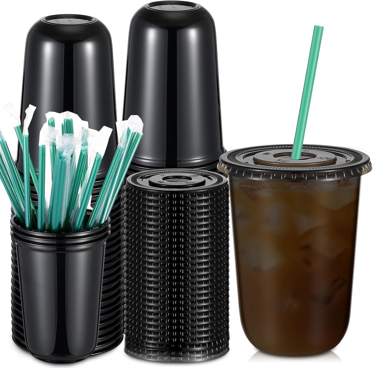 Baderke 25 Set Plastic Cups with Lids and Straws, Disposable Plastic Iced Coffee Cup for Cold Beverage Juice Smoothie Crystal for Coffee Shops Party Catering(Clear,16 oz)