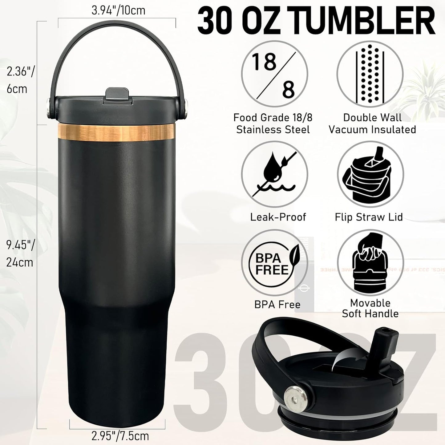 30 oz Tumbler Bulk with Handle and Straw, Vacuum Insulated Tumblers with Flip Straw and Top Handle, Leakproof Powder Coated Tumbler, Stainless Steel Travel Mug for Coffee (Black, 1 Pack)