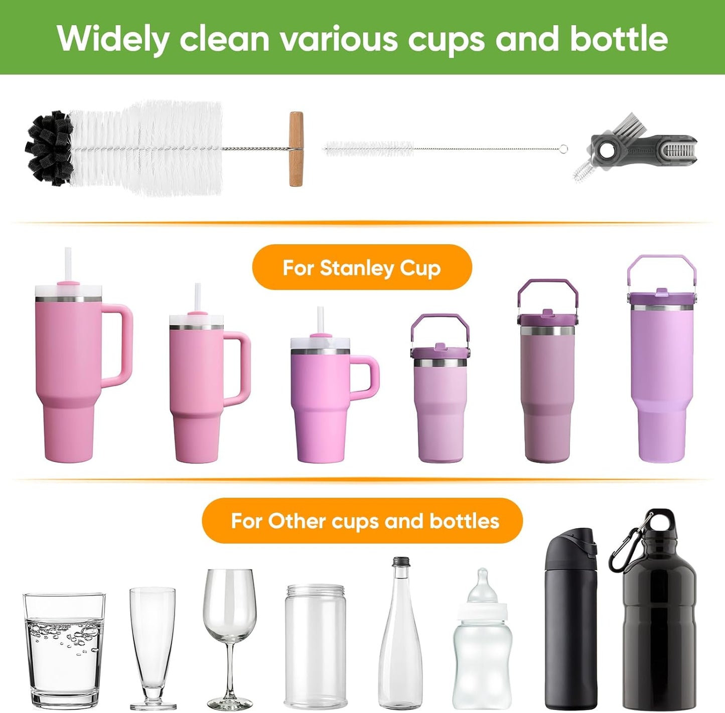 3 PCS Bottle Clean Brush Set, Long Wooden Handle Bottle Cleaner Brush for Stanley Cup Tumblers, 3 in1 Cup Lid Cleaning Brush, Long Straw Brush,Water Bottle Clean Brush Kit for Bottle Cups Coffee Mugs
