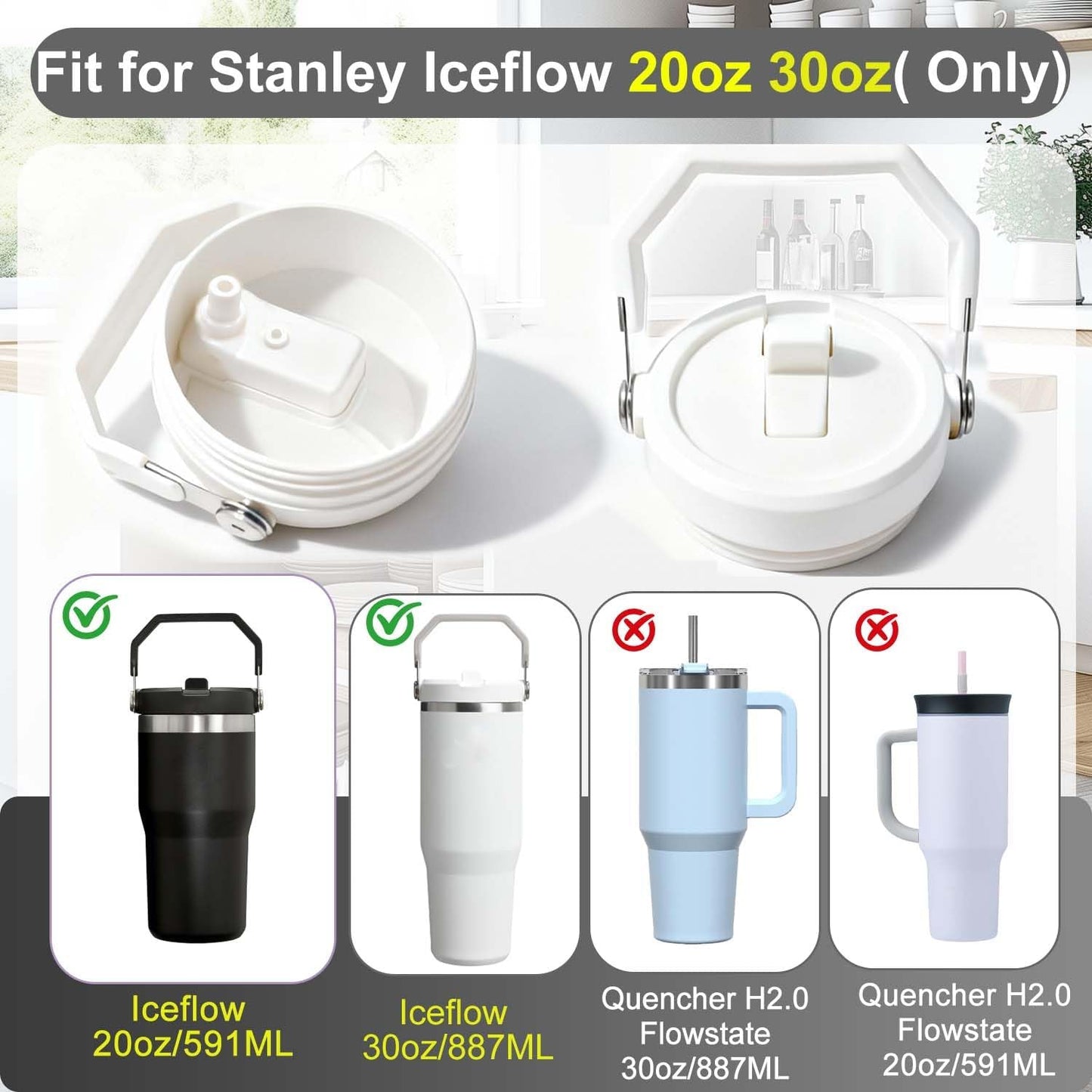 2-Pack Replacement Flip Straw Lids for Stanley IceFlow Tumbler 30oz and 20oz, Spill-Proof Cap with 2 Reusable Straws & 2 Cleaning Brushes, BPA-Free, Easy to Clean