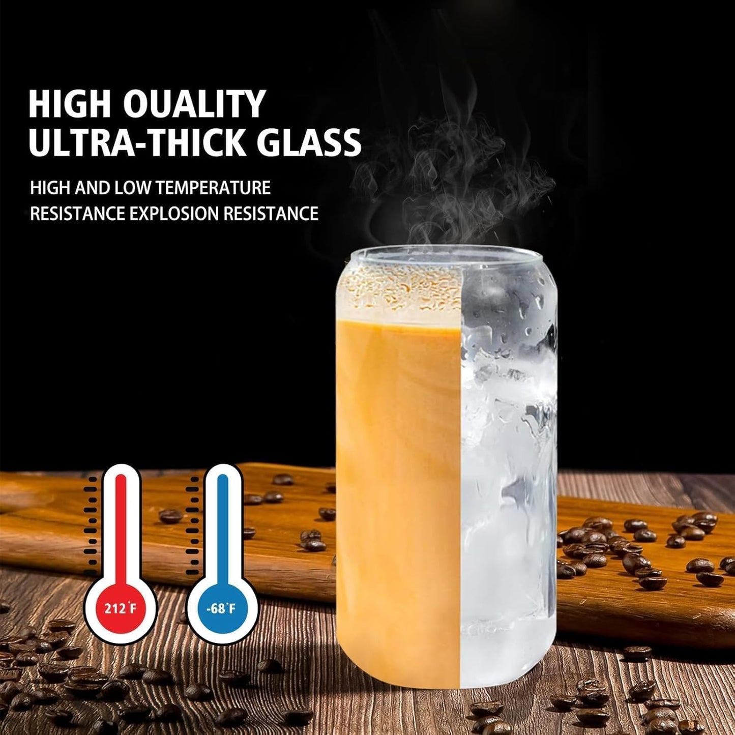 Glass Cups with Lids and Straws Set of 2 - Iced Coffee Cups with Lids for Cold Brew and Beer, 20 oz Can Shaped Glass with Bamboo Lids and Straws - Aesthetic Coffee Bar Gift for Coffee Lovers