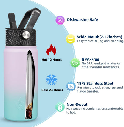 BJPKPK Insulated Water Bottles with Straw Lid, 40oz Stainless Steel Water Bottles with 3 Lids, BPA Free Leakproof Thermo, Tumblers, Cups for Sports, Gym- Midnight - Colors B