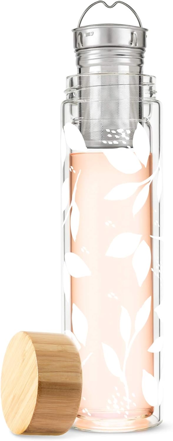 Pinky Up Blair Travel Tea Infuser Mug, Double Walled Insulated Travel Tumbler with Loose Leaf Tea Strainer, Travel Coffee Mug, Keeps Drinks Hot or Cold, 16 oz, White Leaf