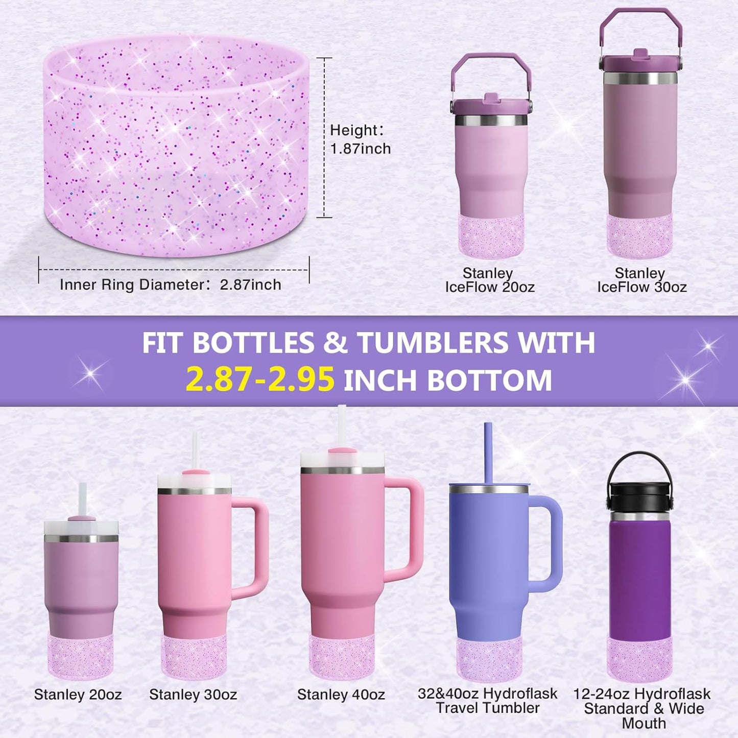 WUQID Protective Bling Silicone Boot Sleeve, Compatible with Stanley Tumbler 20-40oz & Hydro Flask Bottle 12oz-24oz, Glitter Reduces Dents Sleeve Cover for More Bottles/Tumblers Bottom of 2.83-2.95in