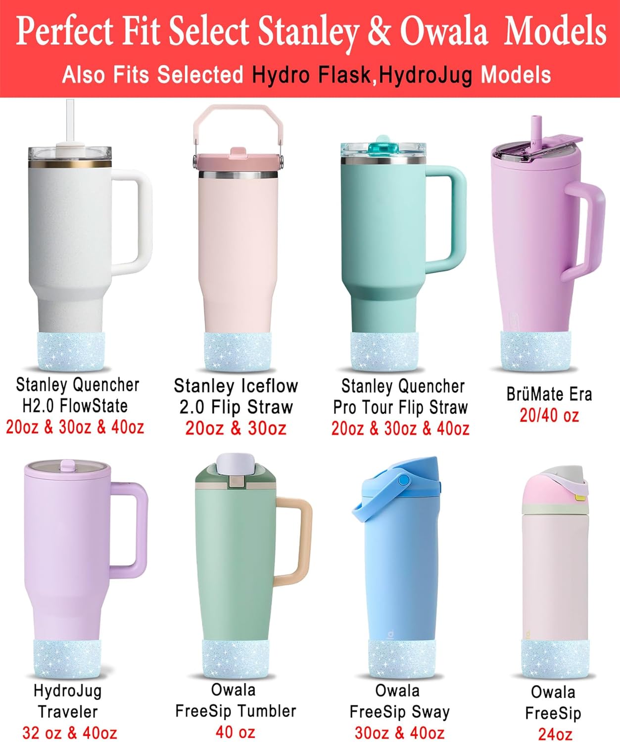 KTKUDY 2 PCS Glitter Silicone Boot Compatible with Stanley Tumbler 20 30 40 oz & Fits Hydro Flask Water Bottle 12-24oz & Fits Yeti, Simple Modern, Owala Cup - Bling Cup Bottom Protector Accessories