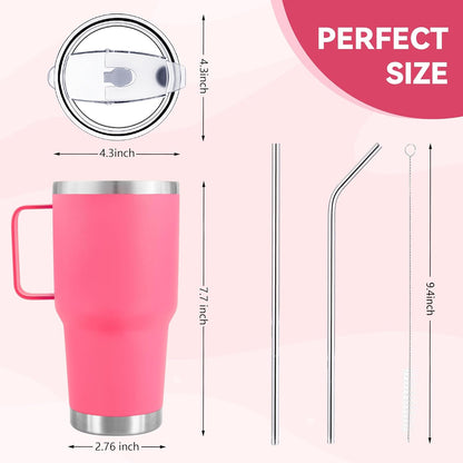 30 oz Tumbler With Handle, Double Wall Stainless Steel Vacuum Insulated Travel Mug with Splash-Proof Lid Metal Straw and Brush (Cream)