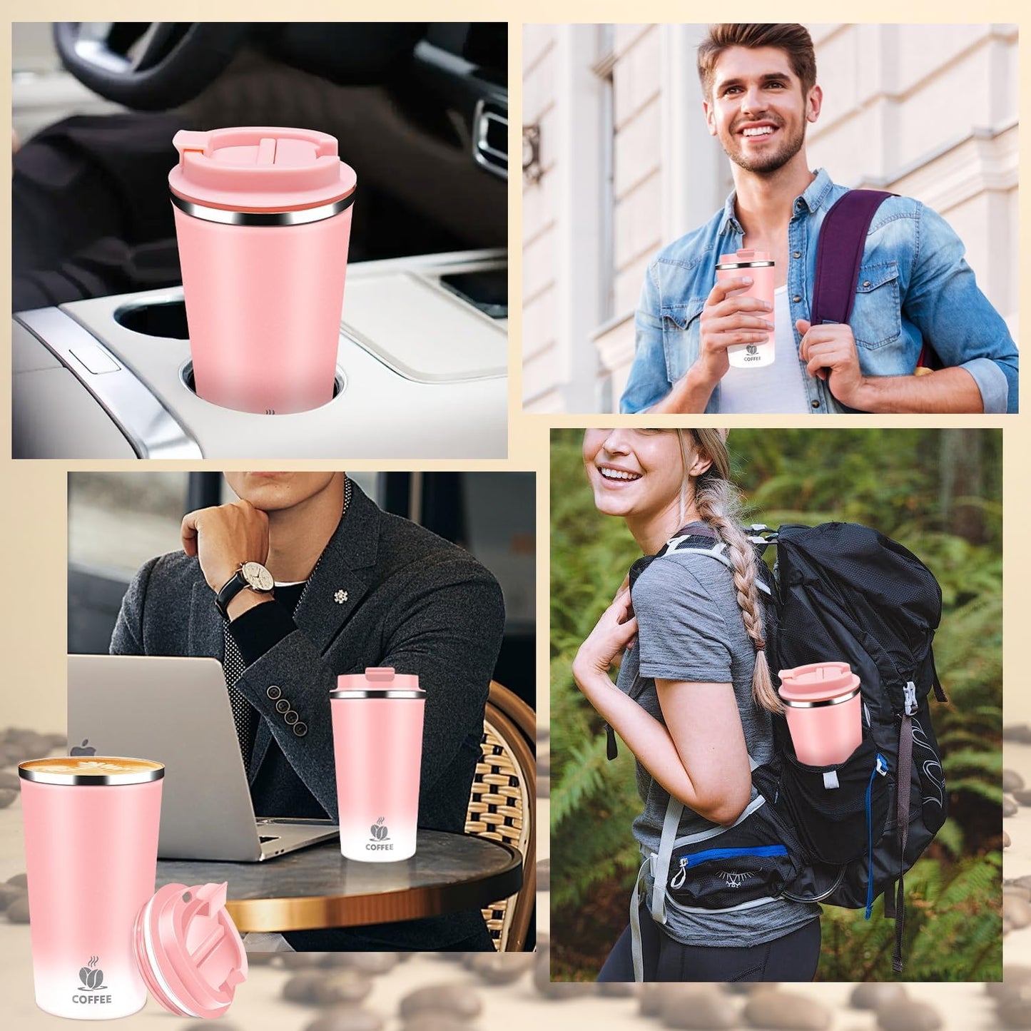 Insulated Travel Coffee Mug Reusable Coffee Tumbler Cup with Flip Lid Leak Proof Spill Proof for Office School Party Camping Hot and Cold Drink,Stainless Steel 17oz (Black)