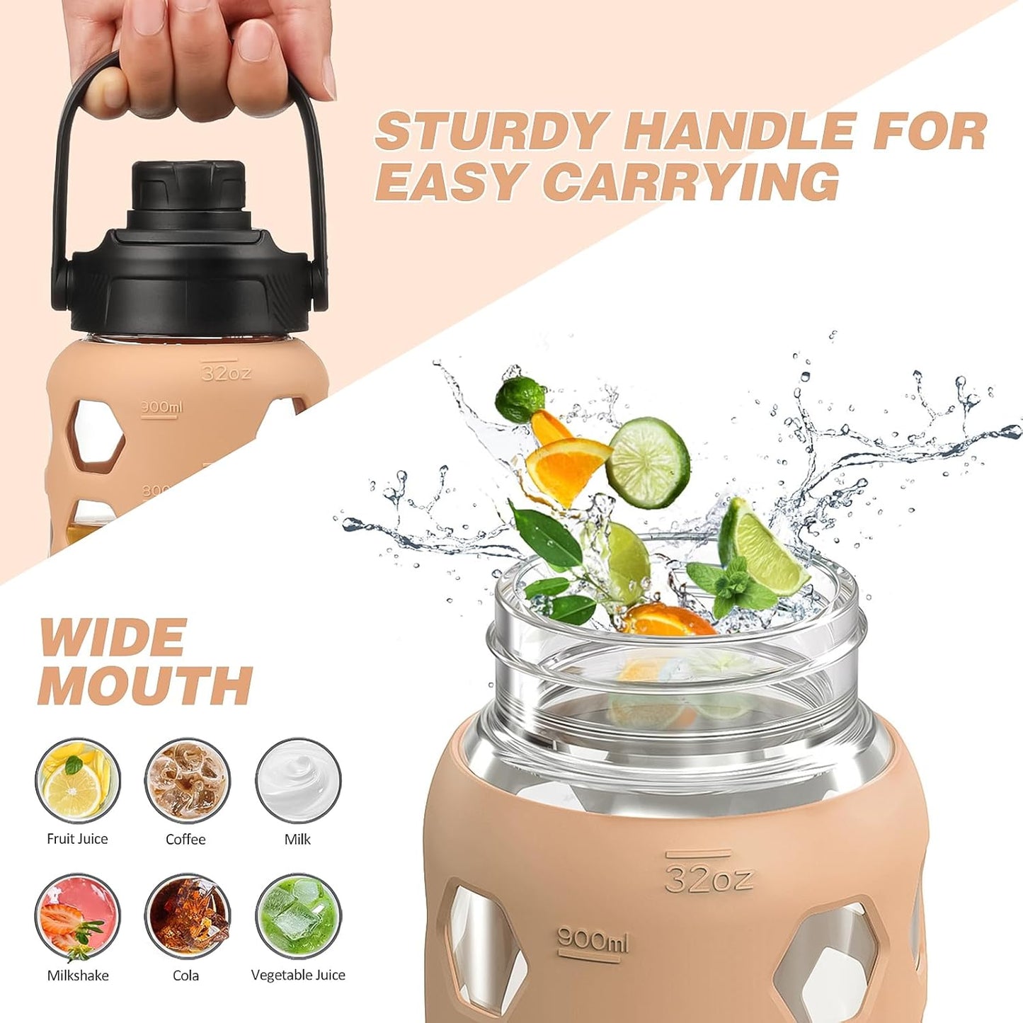 MUKOKO Glass Water Bottles, 32oz Glass Tumbler with Straw, Drinking Bottles with 2 Lids-Handle Spout Lid&Bamboo Straw Lid, Motivational Water Bottle with Time Marker and Silicone Sleeve, 1 Pack-Olive