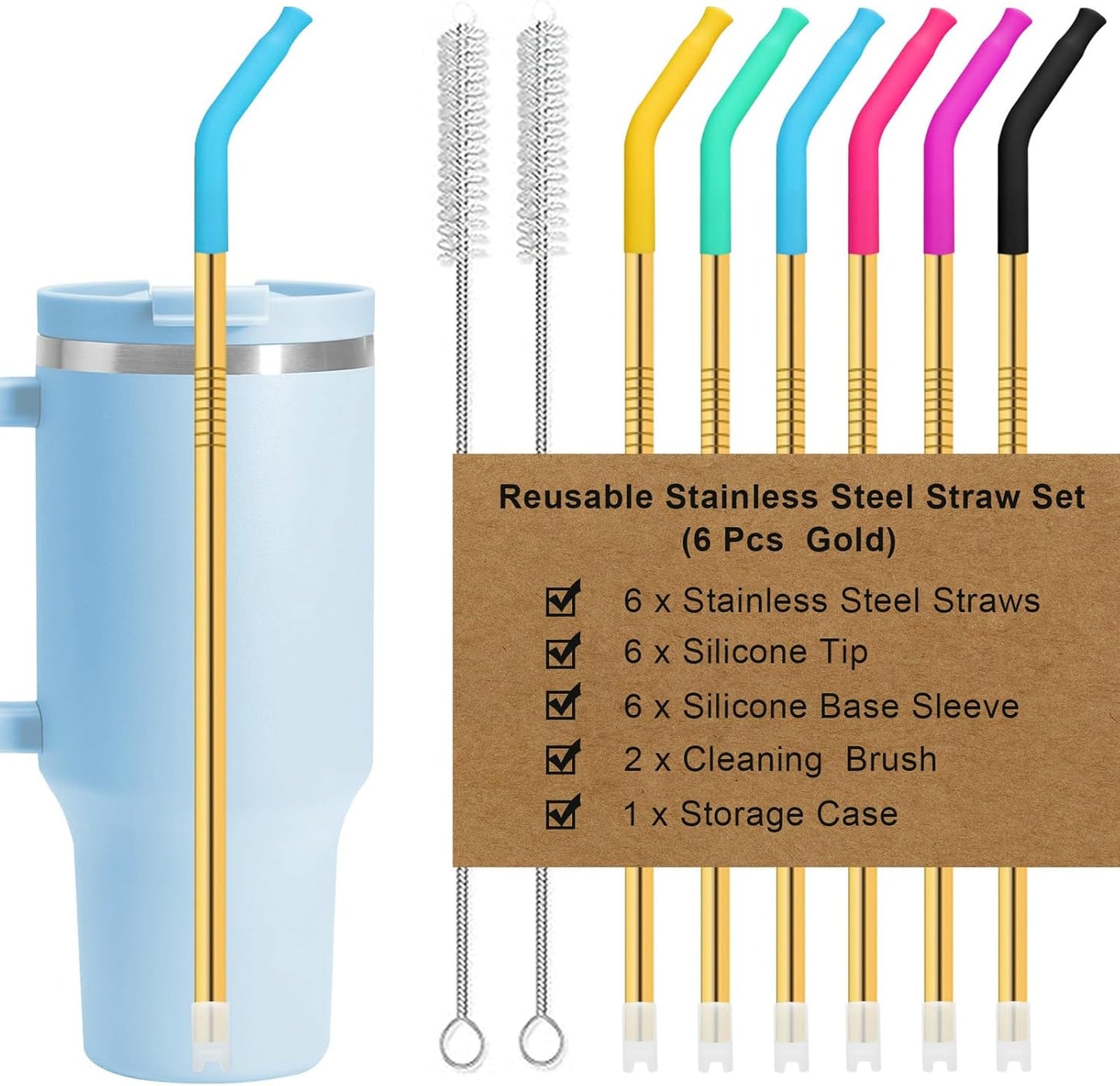 Reusable Stainless Steel Straws Set 6 PCS with 6 Silicone Tips, 2 Straw Brush, 1 Storage Case, Different Sizes of Metal Straws Reusable, Suitable for 14, 20, 30 oz Cups Tumbler, for Hot/Cold Drinks